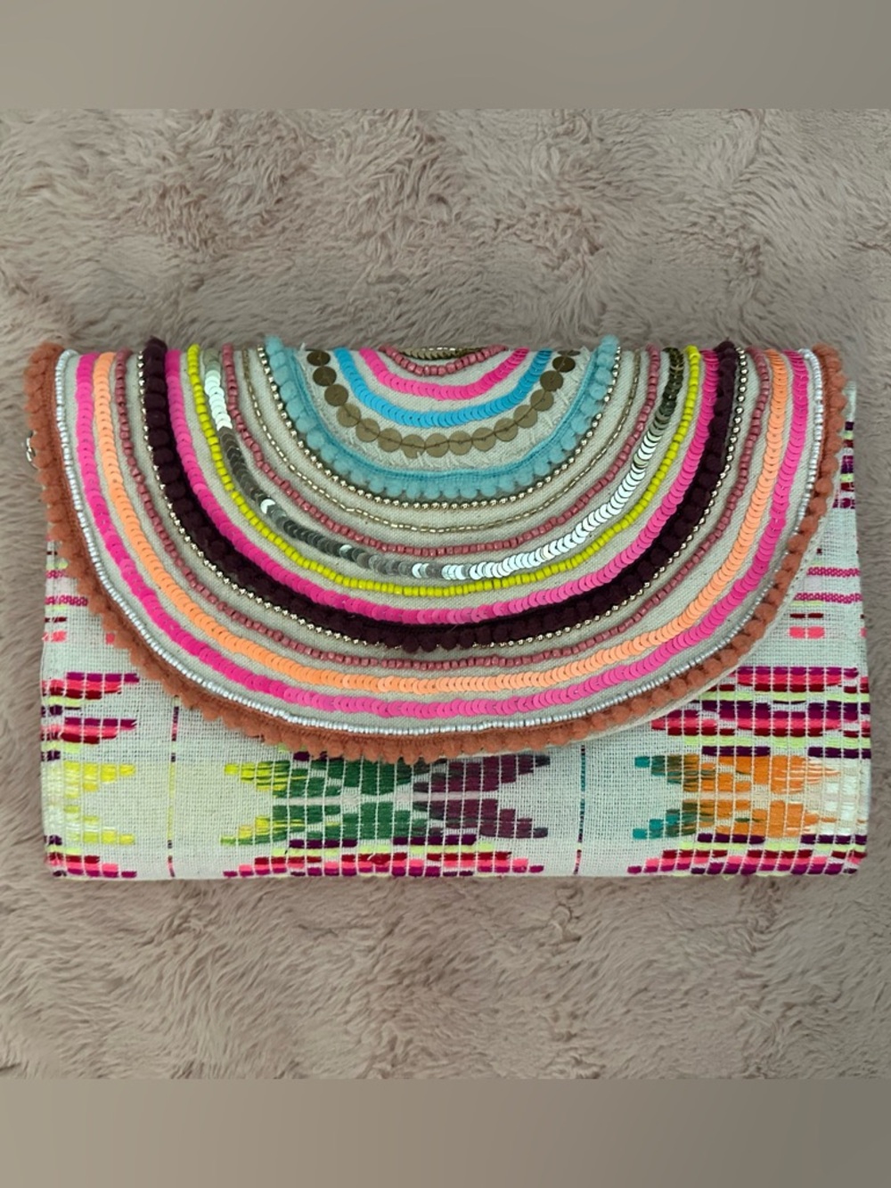 Boho Multicolor Sequin & Bead Embellished Crossbody Bag and Clutch Rainbow Aztec
